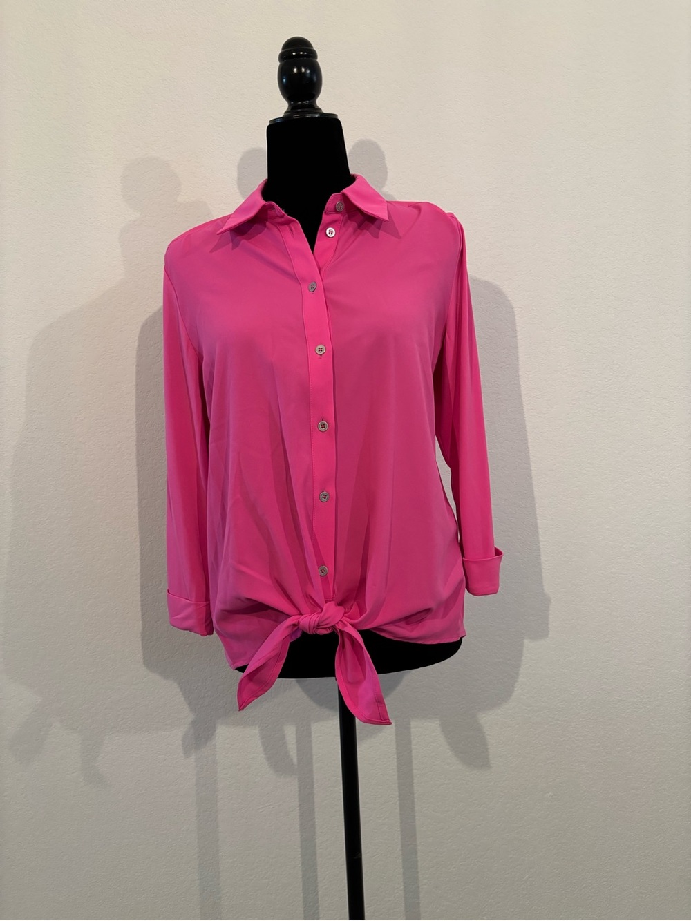 Tie-Hem Button Down Blouse in Hot Pink
